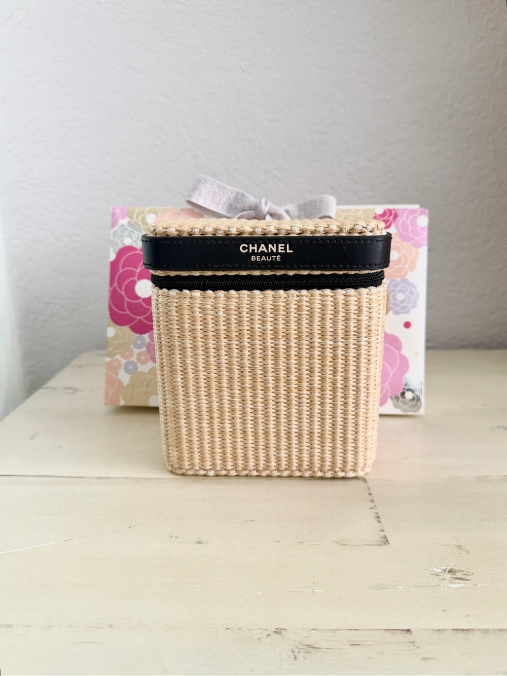 CHANEL Beige Wicker Cosmetic Case with Black Trim